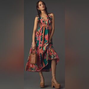 NEW Farm Rio x Anthropologie Size LP Pleated Palm Cutout Midi Dress